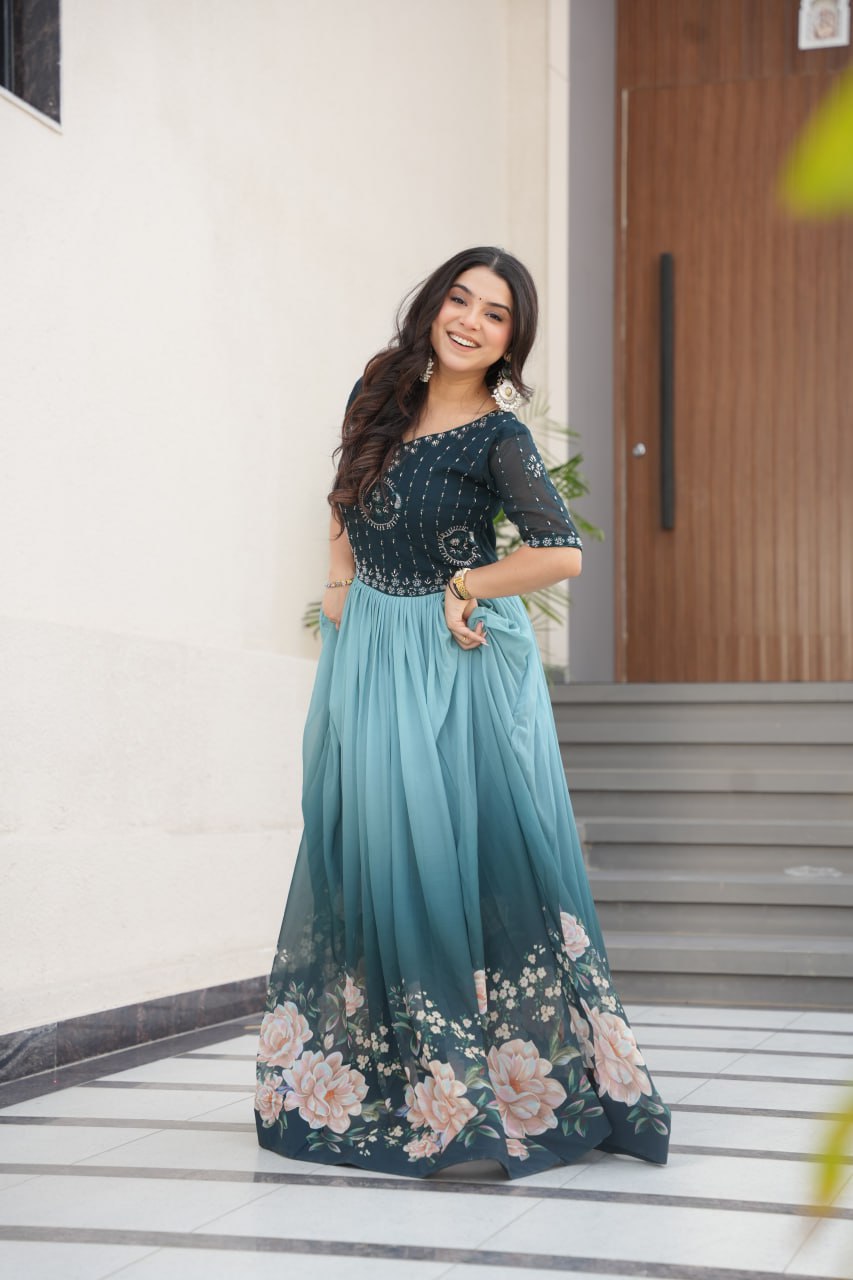 Women's Elegant Teal & Aqua Ombre Gown with Floral Printed Flair & Embellished Bodice β Perfect for Summer Festivities & Parties - Image 3